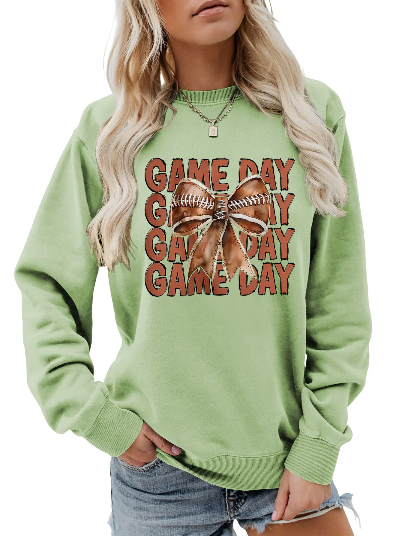 Herfst Nieuwe Casual Lange Mouwen T-Shirt Hoodie Game Day Strik Print Losse Ronde Hals Dames Top Met Losse Mode Pullover