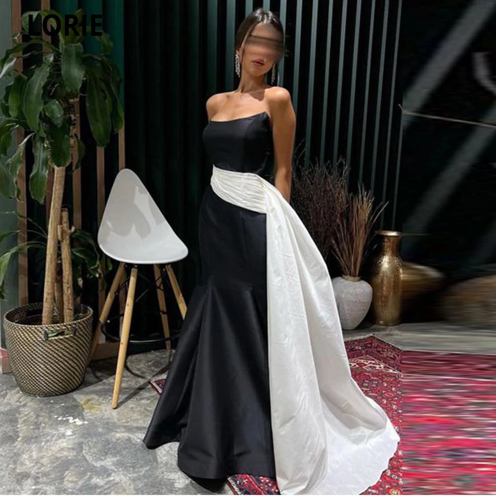 

LORIE 2022 Black and White Prom Dresses Strapless Side Train Mermaid Wedding Party Dresses Formal Evening Gowns Vestidos De Gala