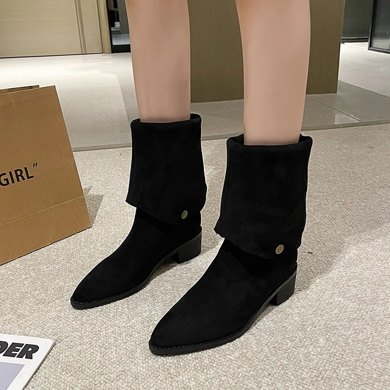Retro Two-wear Stacked Women's Boots High Quality Suede Leather Knee-high Boots for Women Pointe Chelsea Ankle Boots Botas Mujer