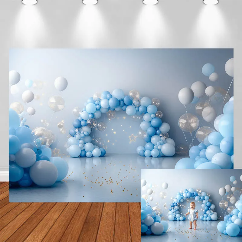 LS Photography Background Sky Blue Balloon Arch White Decor Birthday Baby Shower Cake Smash Kids Portrait Photo Backdrop Studio