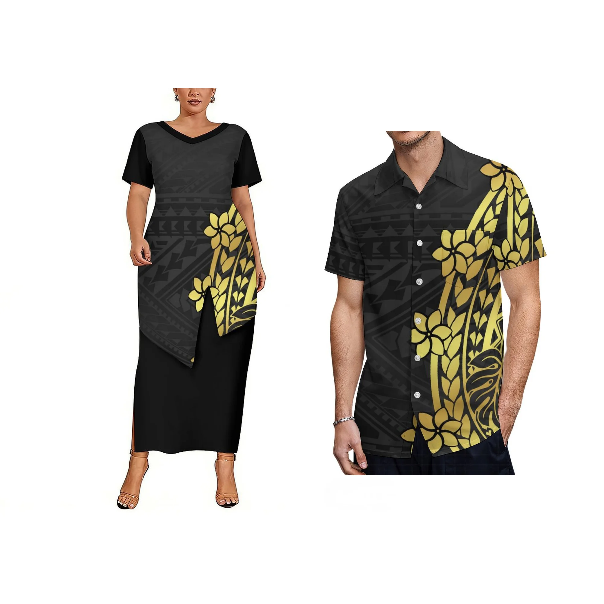 

Customized Samoan Puletasi Short Sleeve Dress Pacific Island Design Dress Asymmetrical Hem V-neck Dress Women Clothing 2 Pieces
