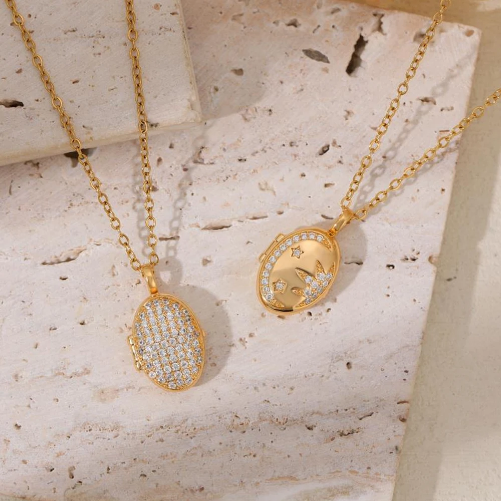 Elliptical Inlaid Zircon Photo Frame Album Pendant Necklace Openable Star Shiny Crystal Gold Color Metal Chain Choker Jewelry