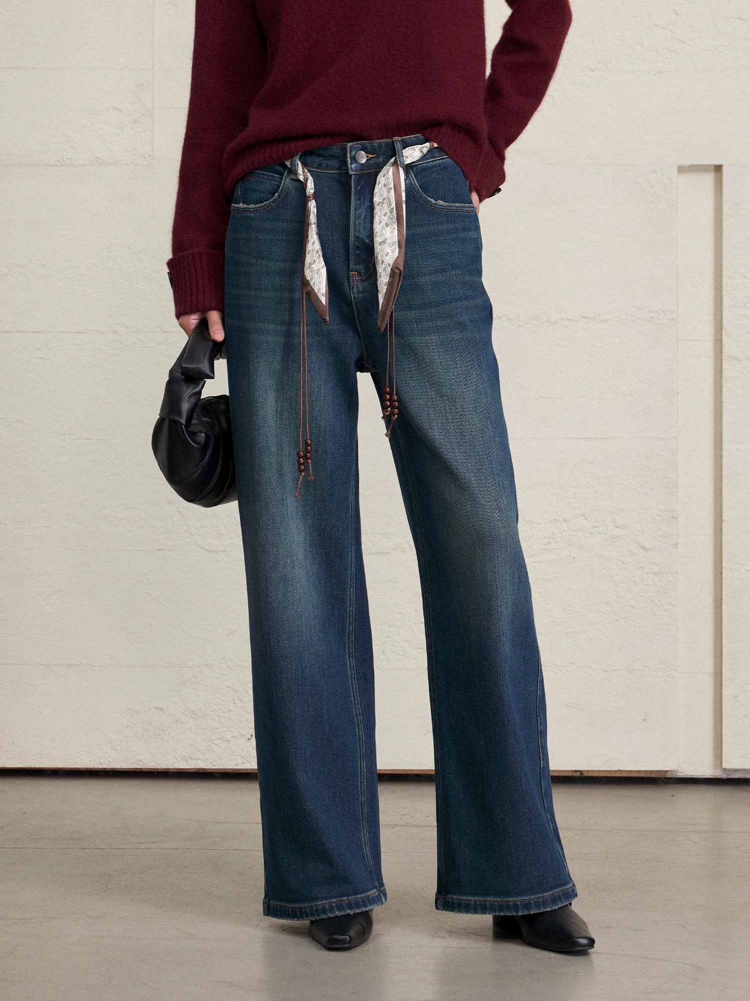 

Джинсы свободного кроя из смешанного денима в ретро-стиле с завязками на талии, однотонные, зимние, женские, модные