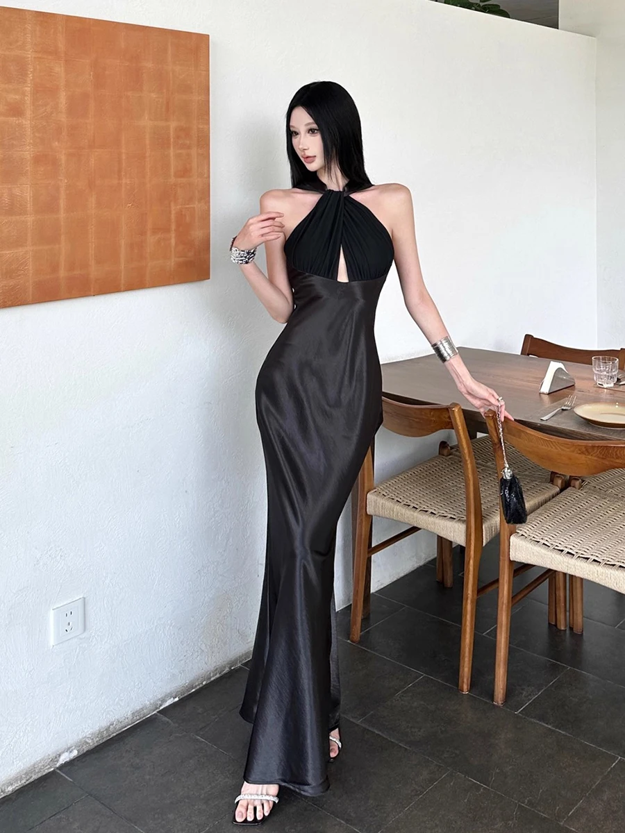 RORORIRI Abito lungo da donna con scollo all'americana fluido e cut-out sexy Abito da sera vintage in un unico pezzo con spalle scoperte in raso nero