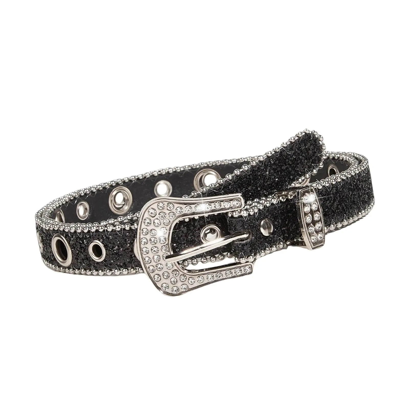 Rhinestone Belt Women PU Leather Waist Belt 103cm Casual Adjustable Eyelet Belt