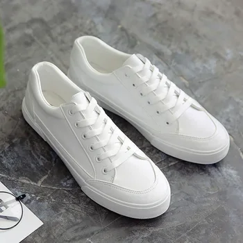 Schlichte weiße Low-Top-Sneaker aus Kunstleder für Herren, Schnürschuhe, minimalistische Skate-Schuhe, Herren-Sneaker aus Kunstleder, rutschfeste Schuhe – Detail 26