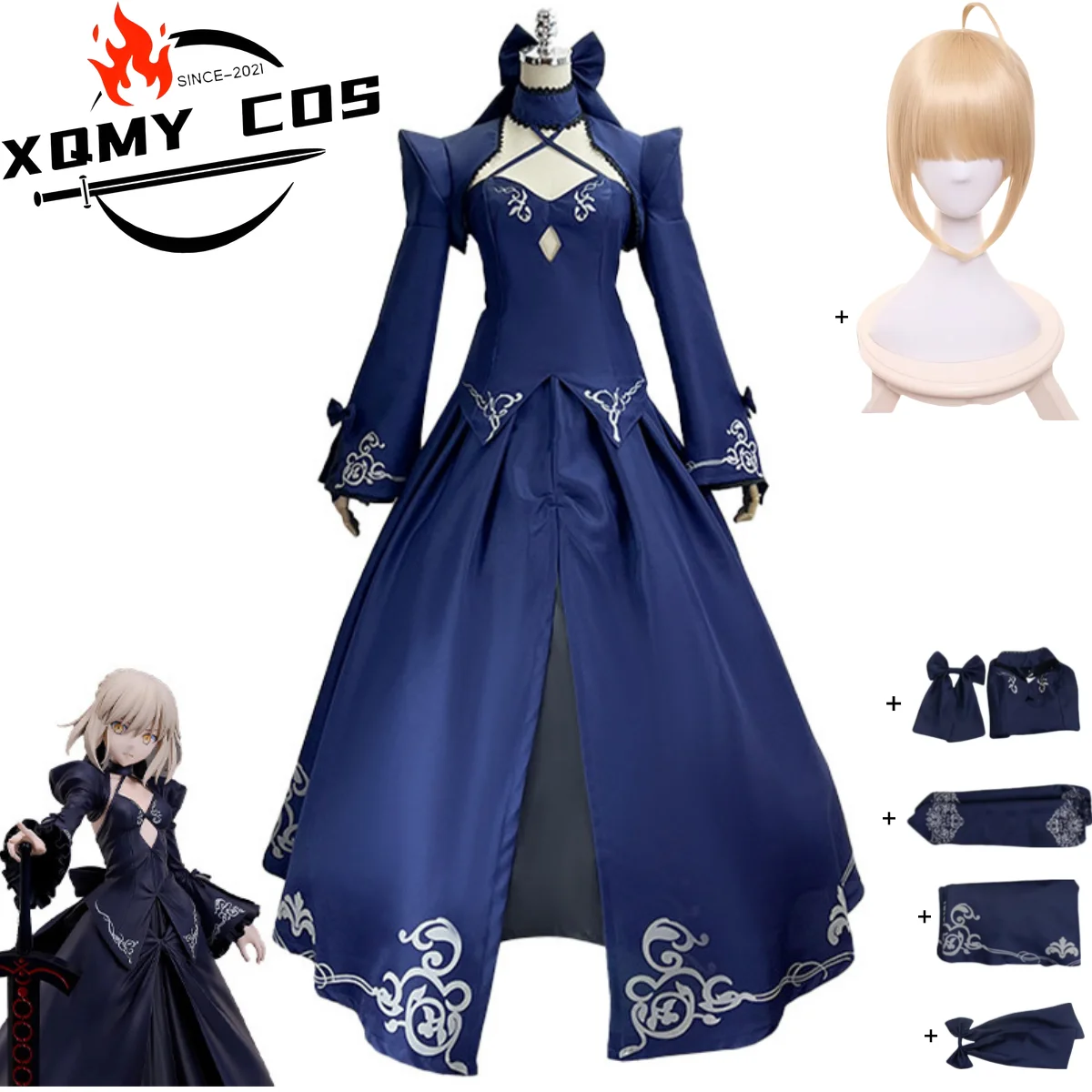 

XQGame Fate/Stay Night Altria Pendragon Косплей Костюм Saber Синее вечернее платье с длинными рукавами Боевая форма Парик Женский сексуальный костюм
