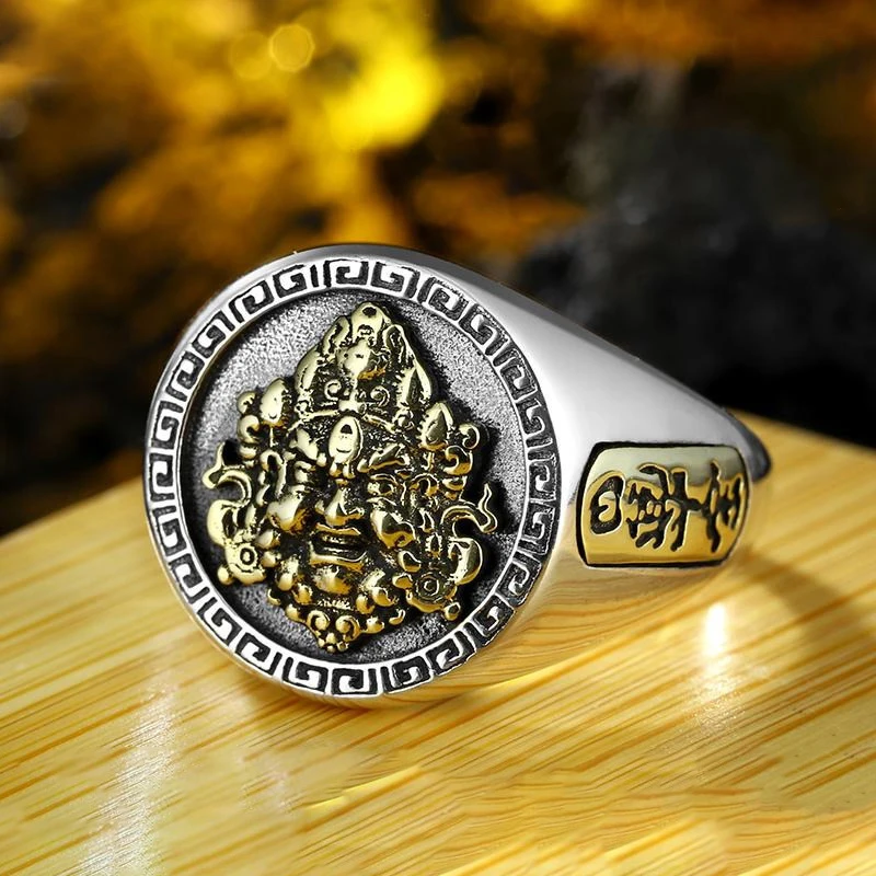 925 silver yellow Circular relief mens rings retro and domineering handsome new in round ring adjustable banquet jewelry gift