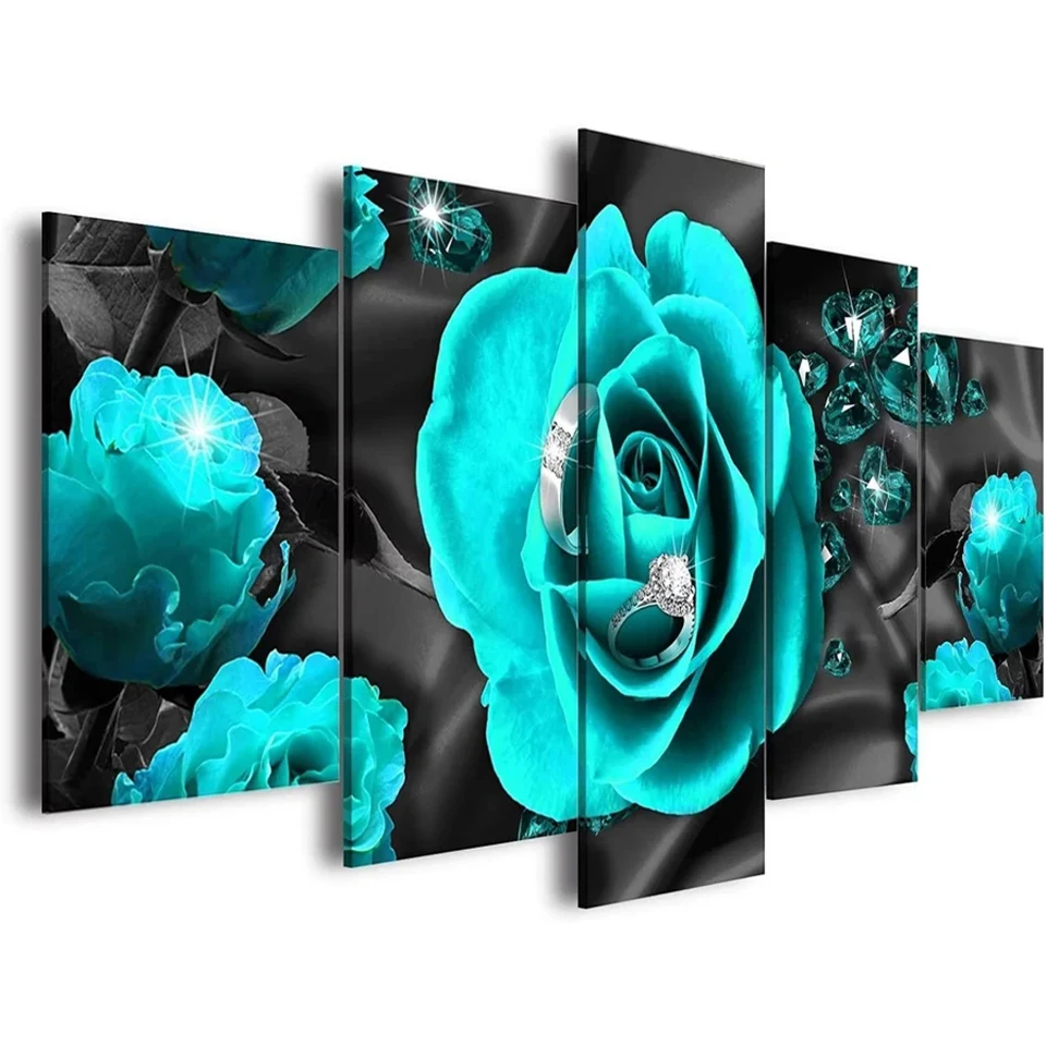 Blue green rose full diamond painting 5 panel diamond mosaic cross stitch living room decor modern blue and black roses GG1147