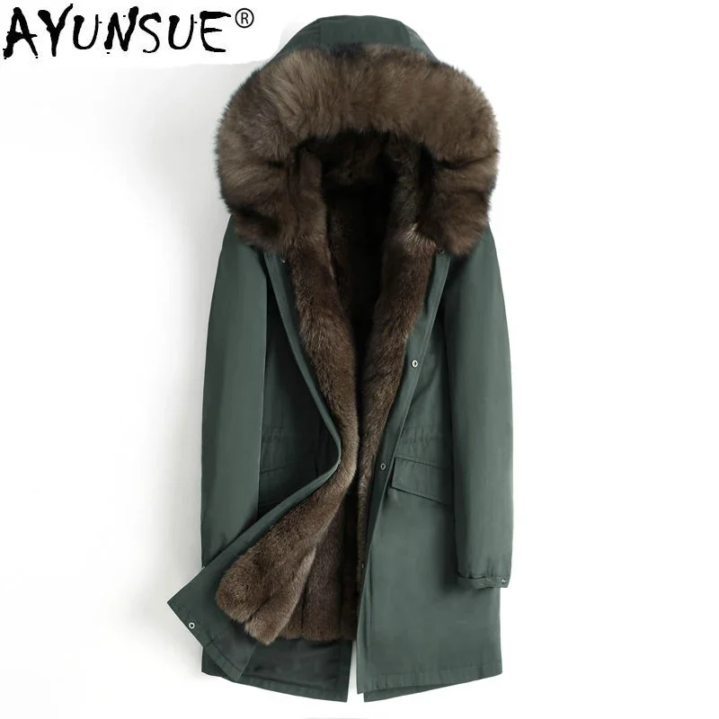 

AYUNSUE Real Fur Parka Men Winter Jacket Whole Skin Natural Fox Fur Liner Long Coat Thick Parkas Manteau Homme Hiver 4555 KJ1371