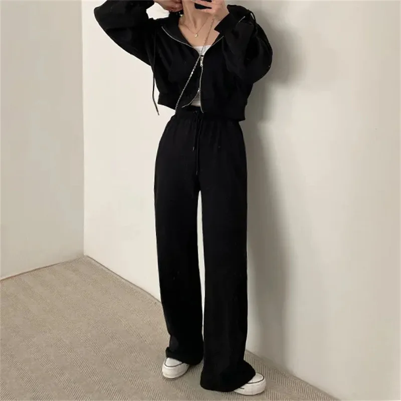 Korean Style Long Sleeved Pants Suits for Women, Zipper Top, High Waist, Casual Female Loose Sports, New Fall, 2024