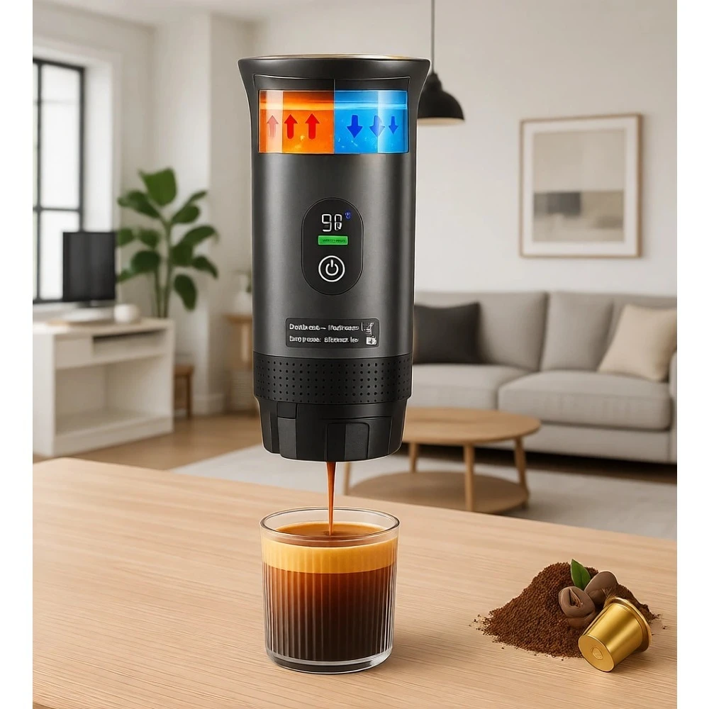 

Портативная самонагревающаяся кофеварка для эспрессо с USB-C, LED-дисплеем, давлением 20 бар, для молотого кофе и капсул, для путешествий, автомобиля, кемпинга, офиса