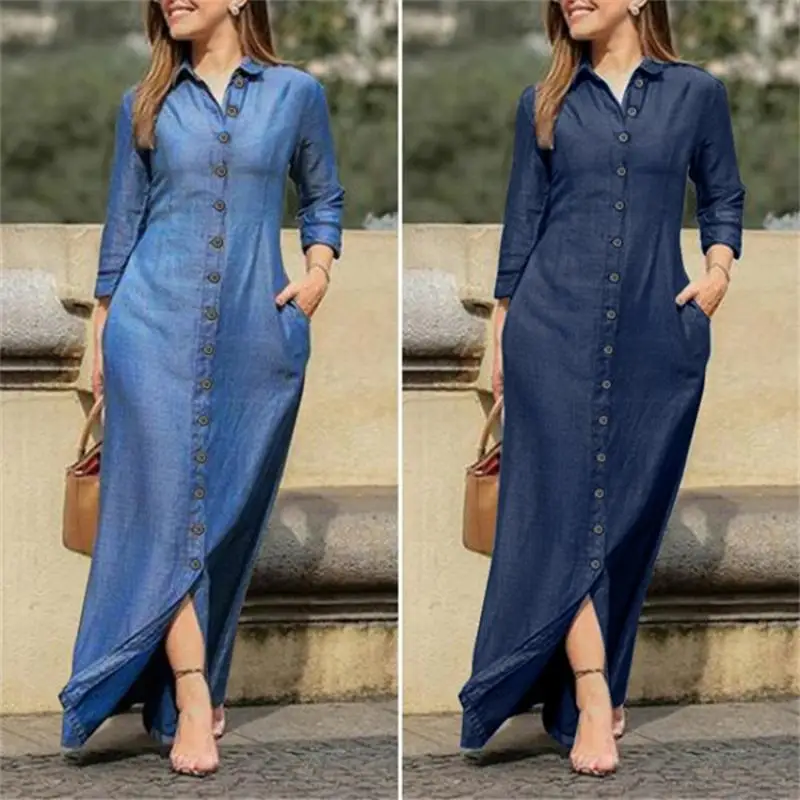 2024 Elegant Young Ladies Denim Dress for Autumn Women Fashon Shirt Collar Single-breasted Maxi Jeans Dresses Female Frocks