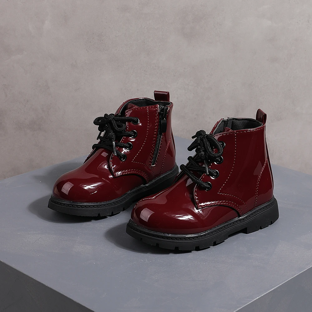 COMFY KIDS Toddler Wine Red Patent Leather Side Zipper Ankle Boots Soft Non Slip Rubber Sole Kids Leather Shoes