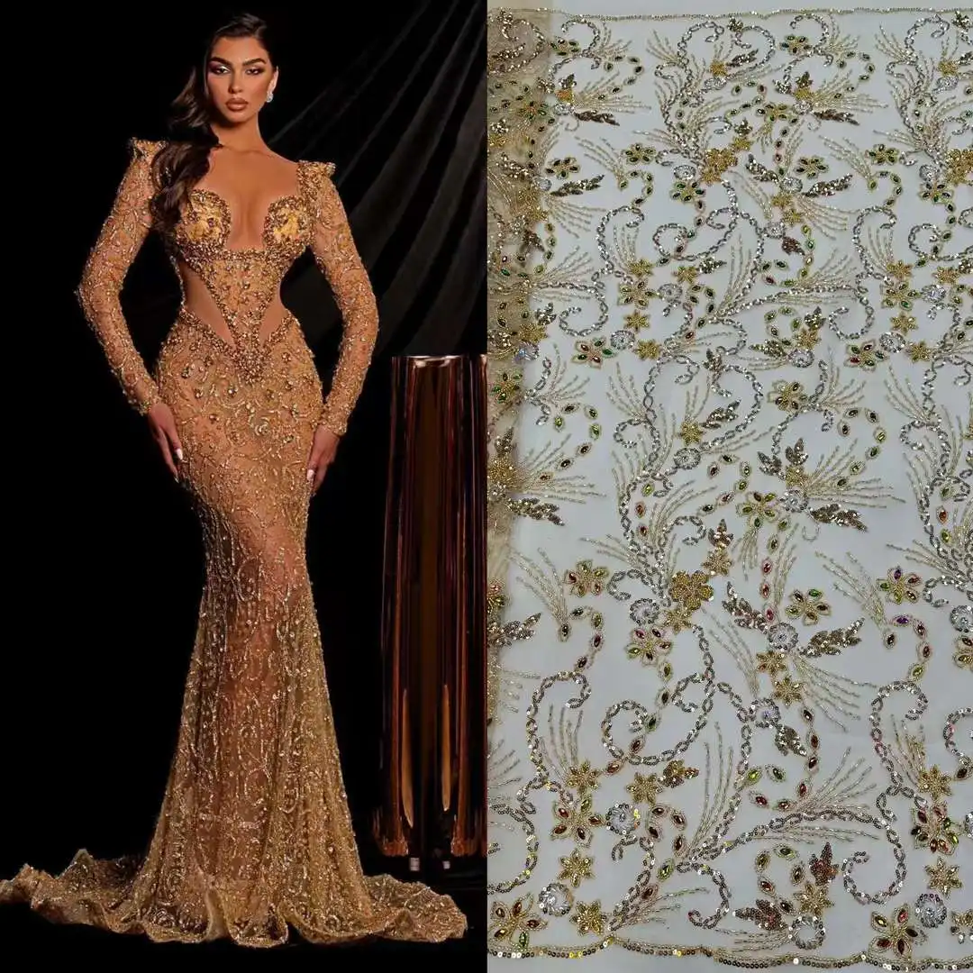 2023 High Quality African Handmade Beaded Lace Fabirc Nigreian Embroidery Sequins Lace Fabric Women Wedding Dress