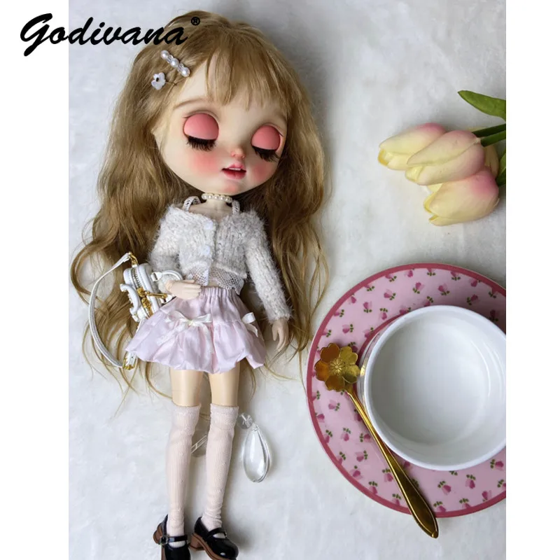 Blythe Ob24 Ob22 BJD Doll Clothes Sweet Daily Fuzzy Knit Cardigan Pink Bow Skirt Socks Set for 1/6 BJD Doll Clothes Accessories