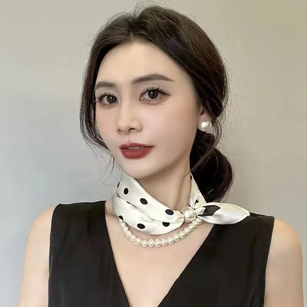Elegant Magnetic Buckle Neck Scarf with Pearls Chain Narrow Satin Scarf Soft Thin Neckerchief