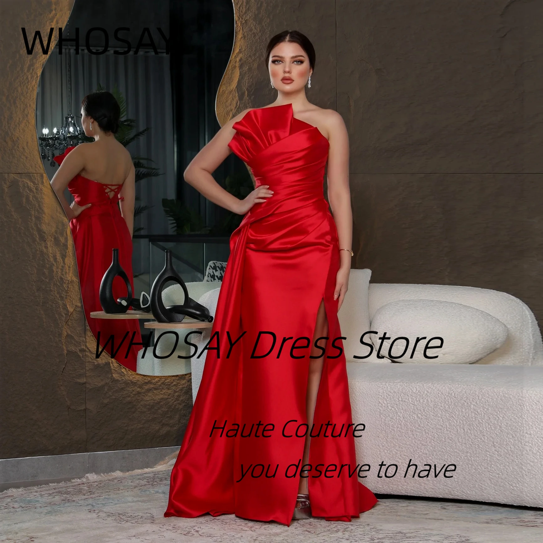 

WHOSAY Customized платье вечернее Ruched Strapless Prom Dresses Flutters Side Slit Evening Gowns Lace Up Back