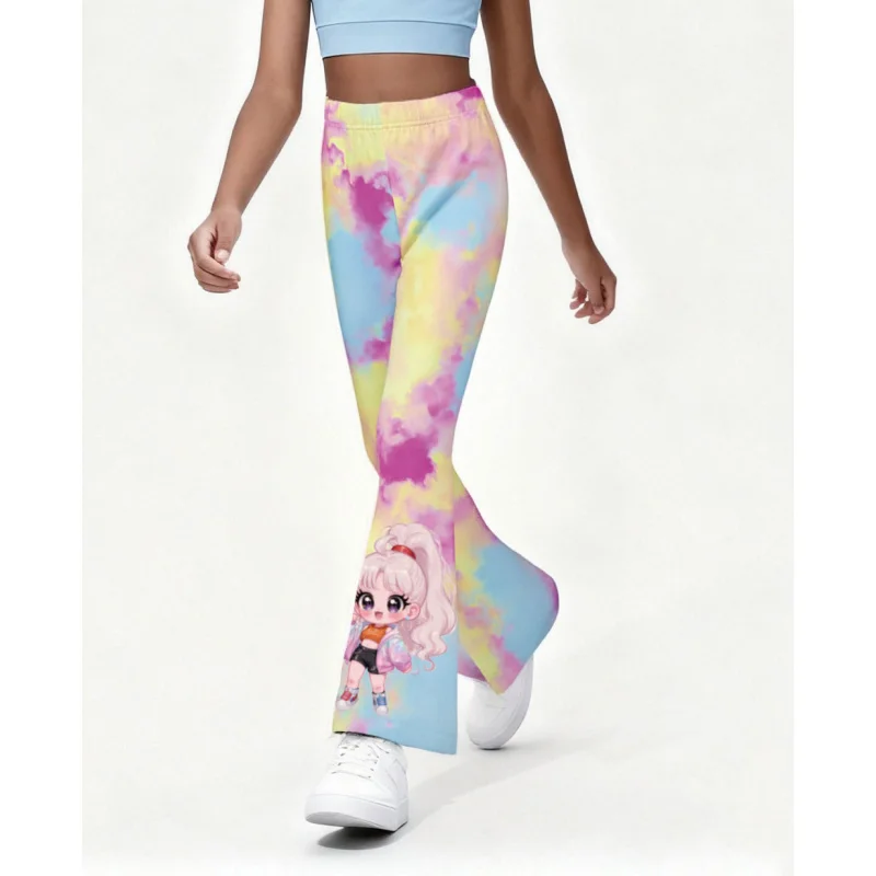 

2025 Hot-selling Girls' Tie-dyed Flared Pants, Fashionable Elastic Waist Cartoon Character Pattern Printed Flared Pants