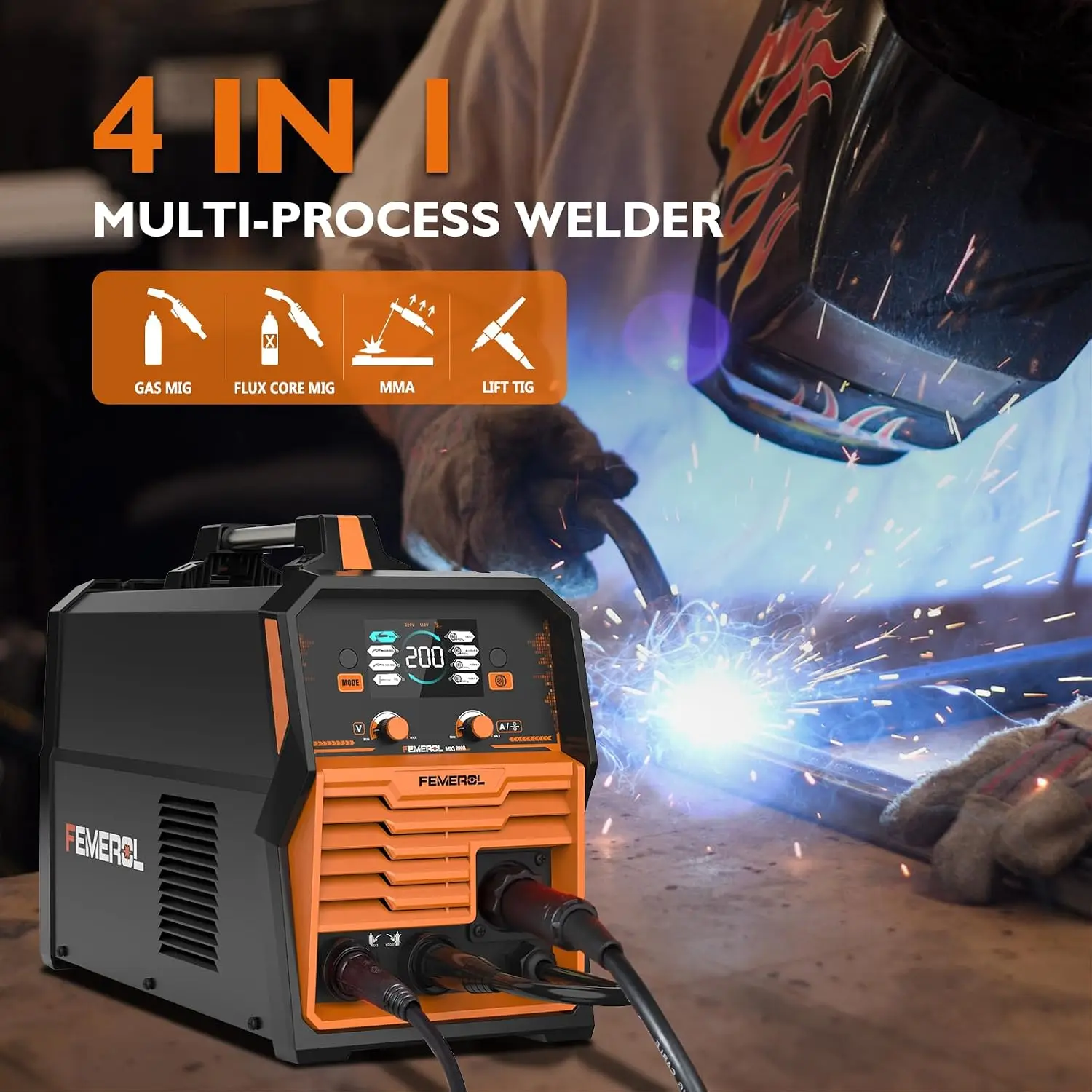 200A MIG Welder, 4-in-1 Multi-Process Welding Machine with Gas MIG, Gasless Flux Core, Stick & Lift TIG, 110V/220V Dual Voltage, Large LED Display, Multipurpose Welder