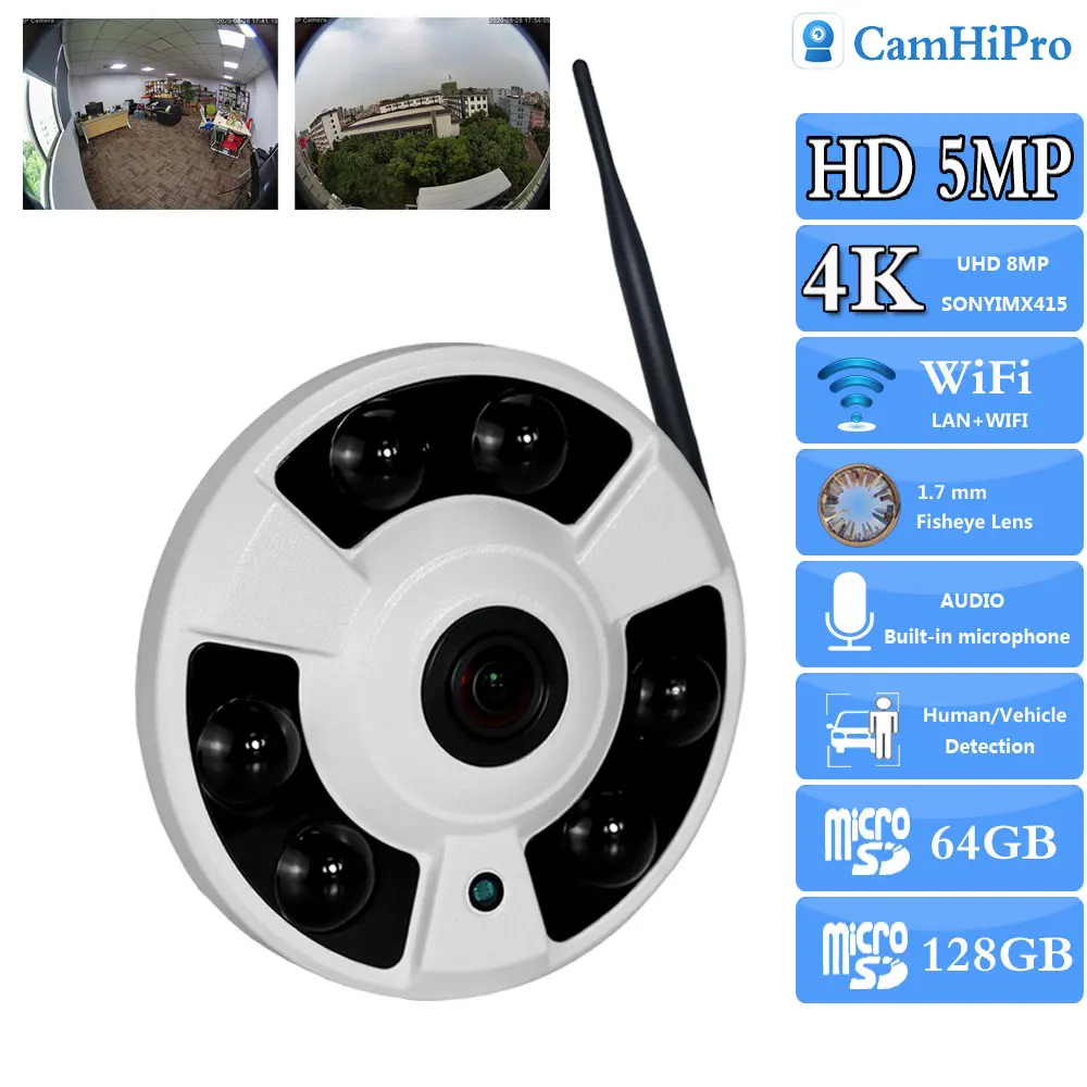 RU.Sonyimx415-Objectif Fisheye de 1.7mm, 4K 8MP HD, Dispositif de Sécurité Sans Fil, Wifi 5MP, Détection Humanoïde, Version Nocturne IR