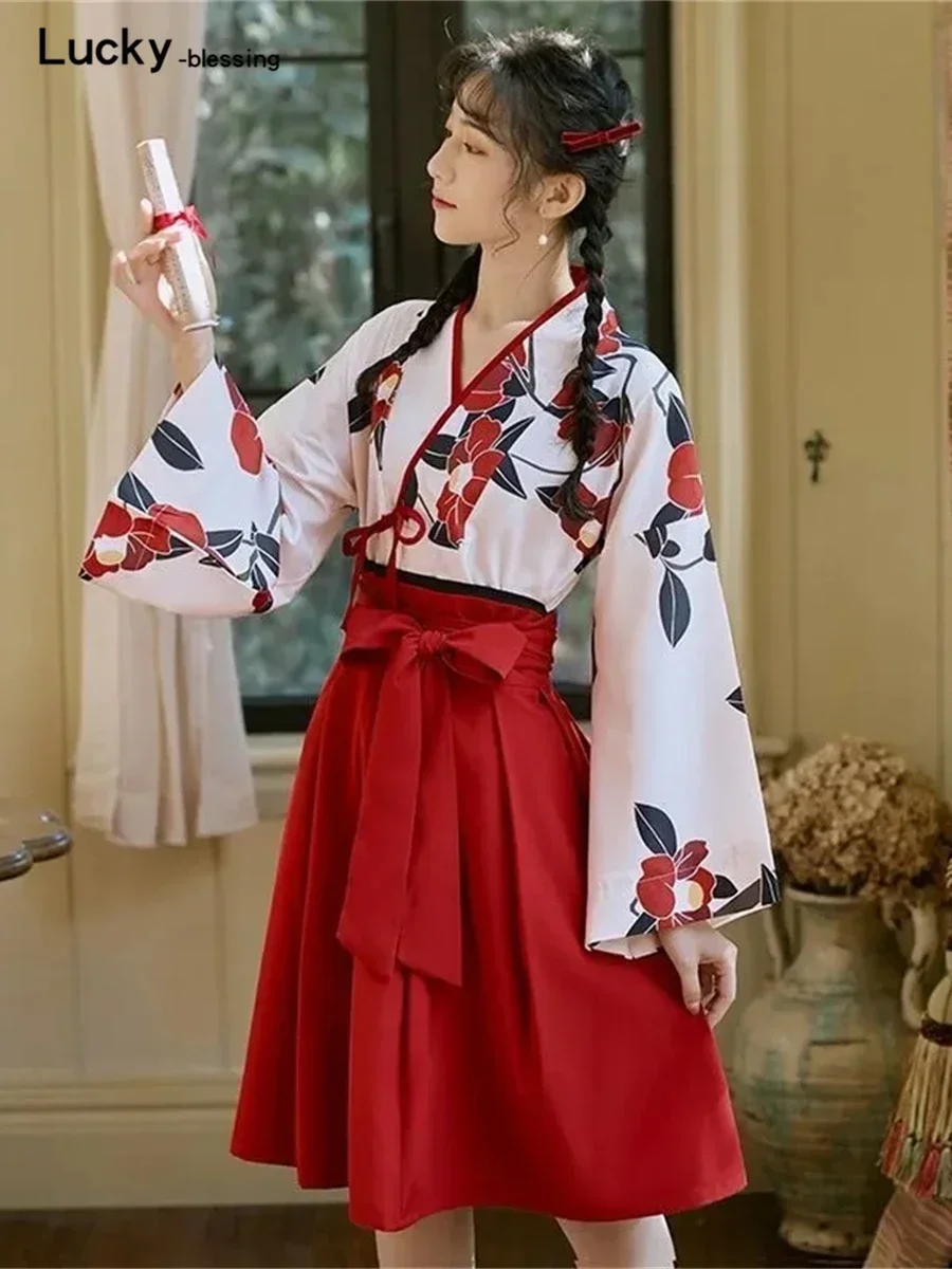 

Kimono Sakura Girl Japanese Style Floral Print Vintage Dress Woman Costume Haori Robe Set For Party Yukata Asian Cosplay Clothes