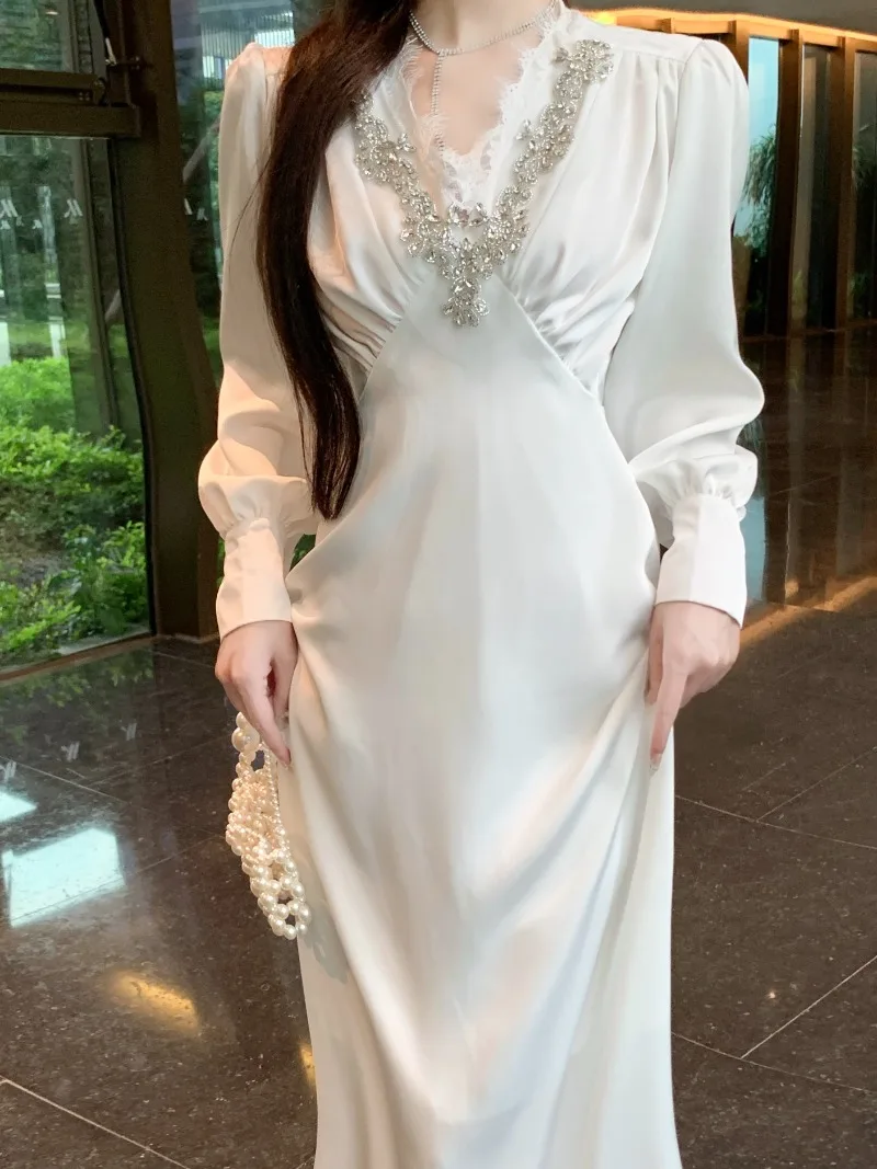 

White Satin Diamonds Party Dress Women Long Sleeve V-neck Elegant Women's Clothing High Waisted Runway Design Evening Vestido