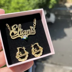 Duoying benutzer definierte Name Schmuck Set mit Herz personal isierte Mini Creolen Ohrring Edelstahl Typenschild Halskette für Kinder Geschenk