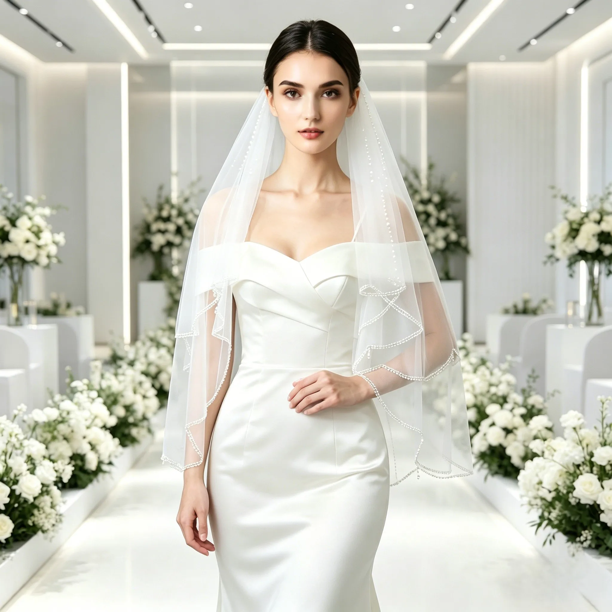 Pearl Edge Bridal Veil Whit Comb Short 2 Tier Wedding Veil with Scalloped Edge Tulle Veil  Brides Beach Wedding Accessories G110