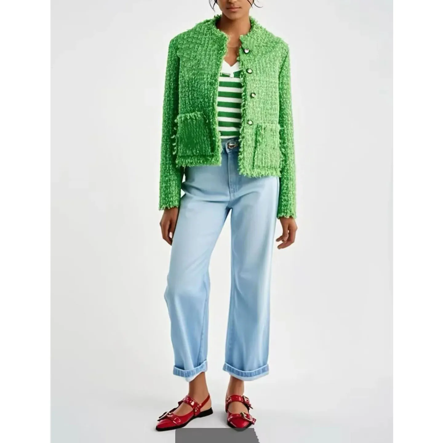 

Autumn 2025 New round Ne Long Sve Coarse Texture ket Decorated ort Jaet Casual Sle Women's Polyester Fiber Coat