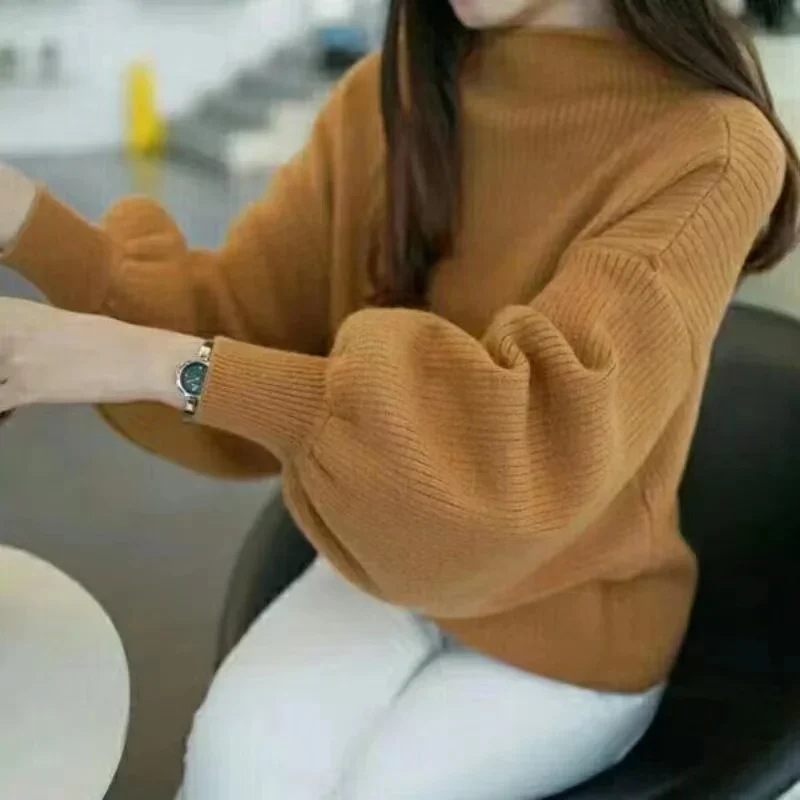 

Winter Knitted Sweater Retro Solid Color Half High Collar Lantern Sleeve Women's Autumn Casual Loose Elegant Pullover Tops New