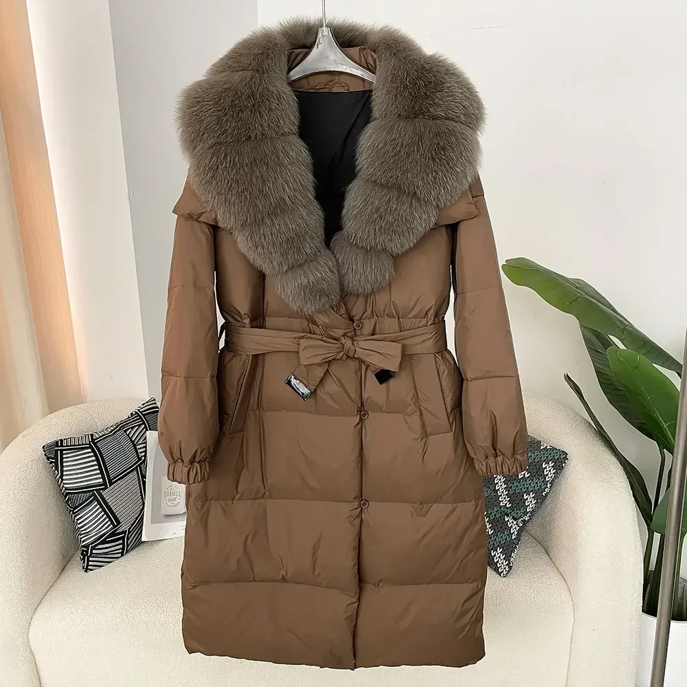 2024 Fur Jacket Winter Women Thick Warm Belt Casual Outerwear Natural Real Fox Raccoon Fur Collar White Duck Down Coat