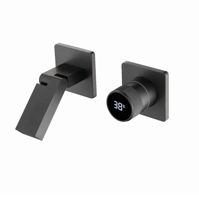 

Cross-border gun ash concealed digital display folding basin faucet All copper wall basin hot and cold faucet