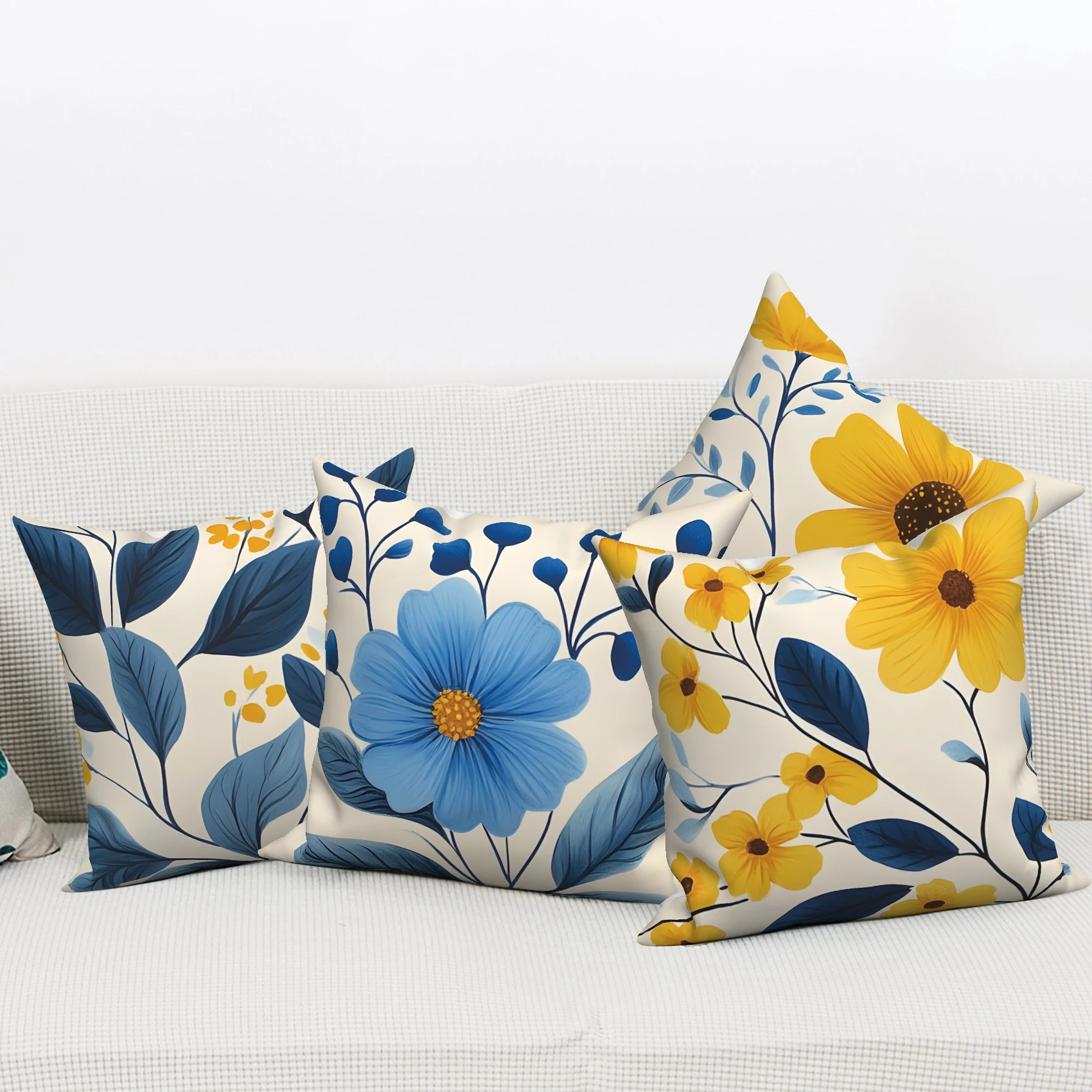Boho Floral Throw Pillow Covers Yellow Blue Botanical Cushion Cases Modern Farmhouse Decorative Pillowcase for Home Decoration