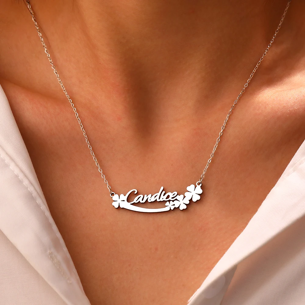 Personalized Custom Name Necklace Stainless Steel Four-Leaf Clover Collarbone Chain Ladies Fashion Jewelry Anniversary Gift