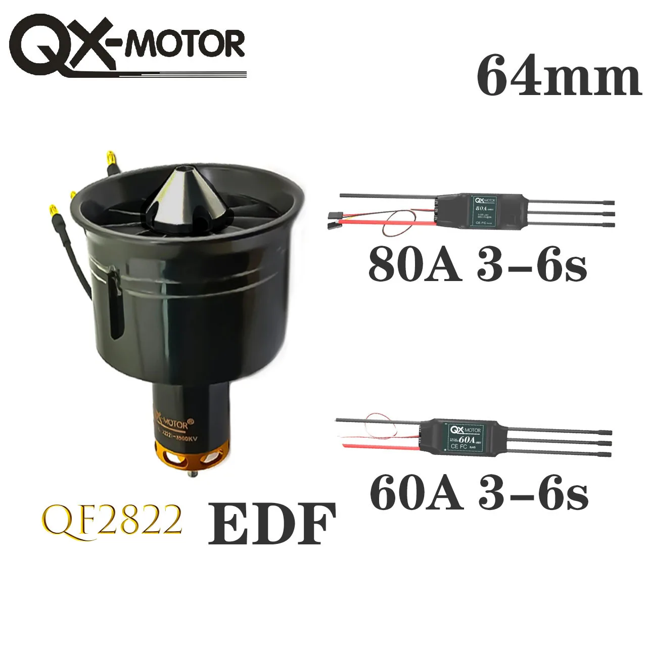 QX-MOTOR 64mm 12 Blades EDF Ducted Fan QF2822 2200KV 2400KV 3500KV 3800KV 4300KV Brushless Motor  With 60A 80A  6s ESC