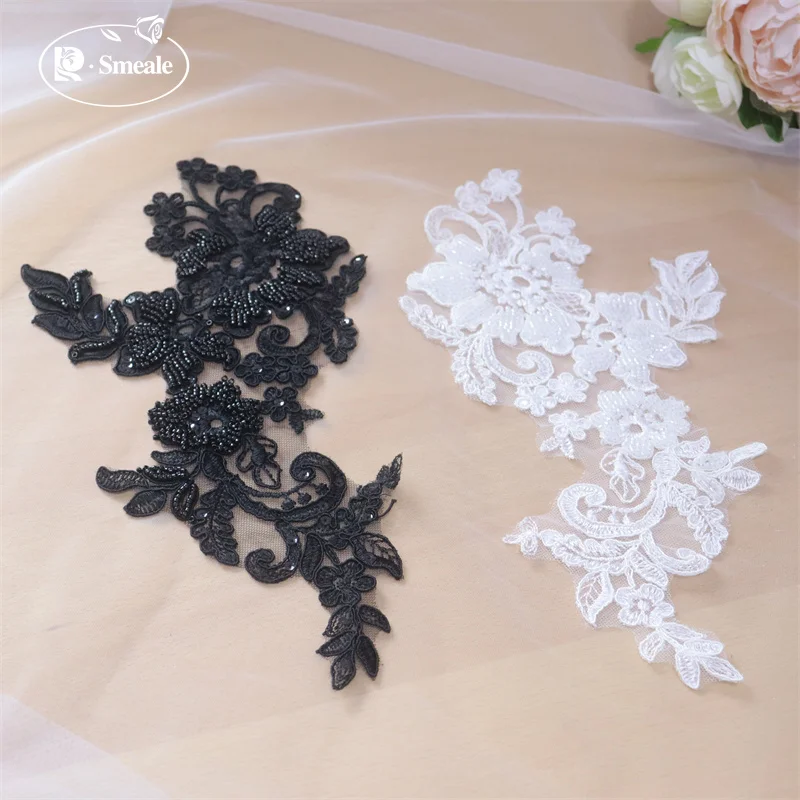 2PCS/1 Paar Schwarz und Weiß Nagel Perle Blume Blätter Stickerei High Set Hochzeit Kleid Kopfschmuck Spitze Spiegel blume RS 253011 – Detail 3