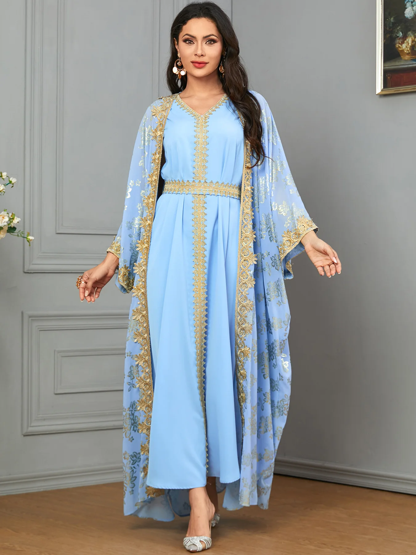 Abaya musulman pour femmes 2 pièces ensemble Robe Caftan fête Kimono Robe dubaï caftan Kebaya Caftan Marocain Femme Robe Jalabiya Robe