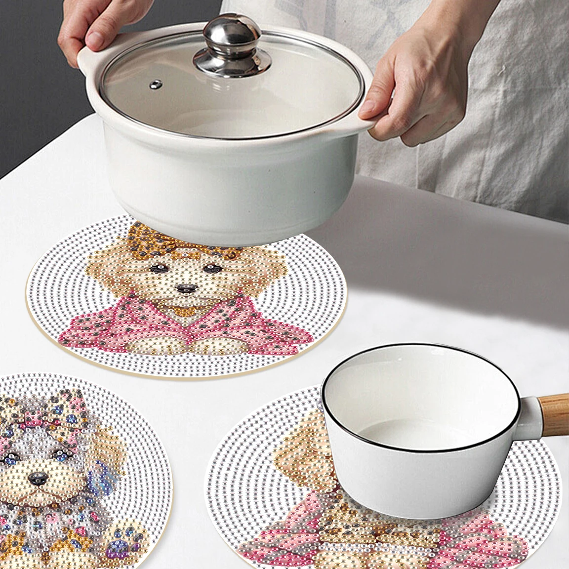 3 قطع الماس الفن اللوحة تحديد الموقع أطقم، لطيف جرو الماس جولة مكان الحصير الحرفية الجدول الحصير الجدول المطبخ للمنزل ديكور هدية #5