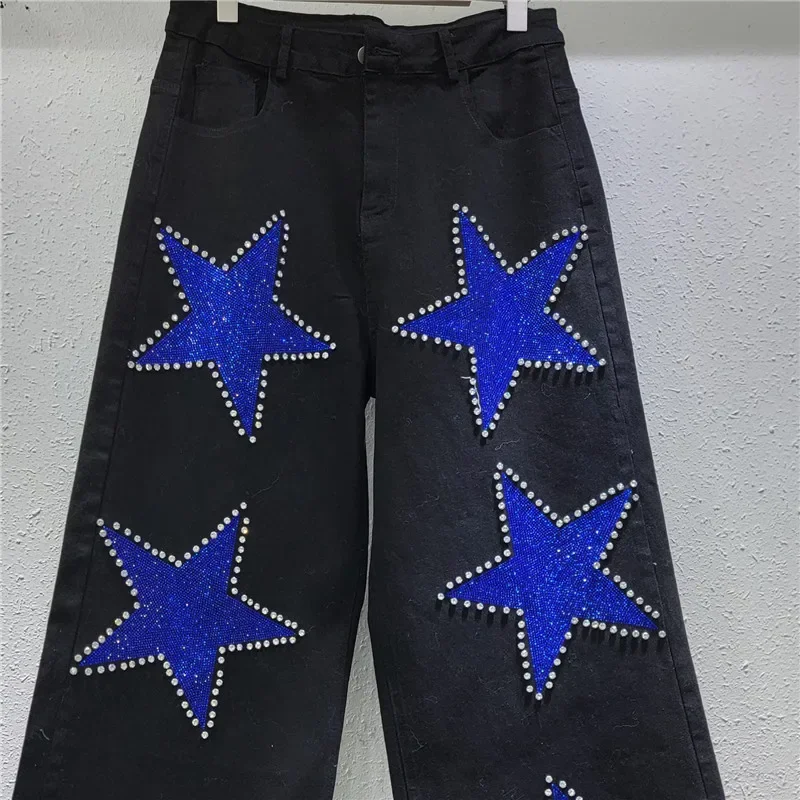 Heavy Industry Hot Diamond Blue Star Pattern Elastic Jeans Women 2025 New Design High Waist Straight Loose Skinny Wide Leg Pants