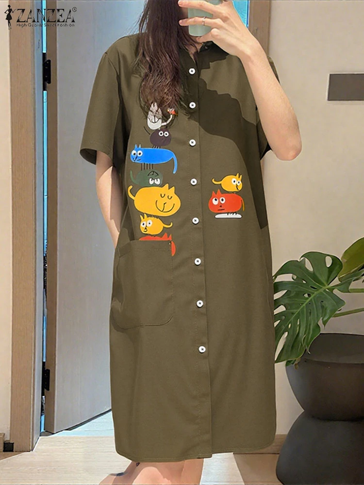ZANZEA Mode Gedruckt Kleid Casual Revers Neck Shirt Sommerkleid 2025, Vintage Vestidos Tasten Kurze Puff Sleeve Robe Übergroßen