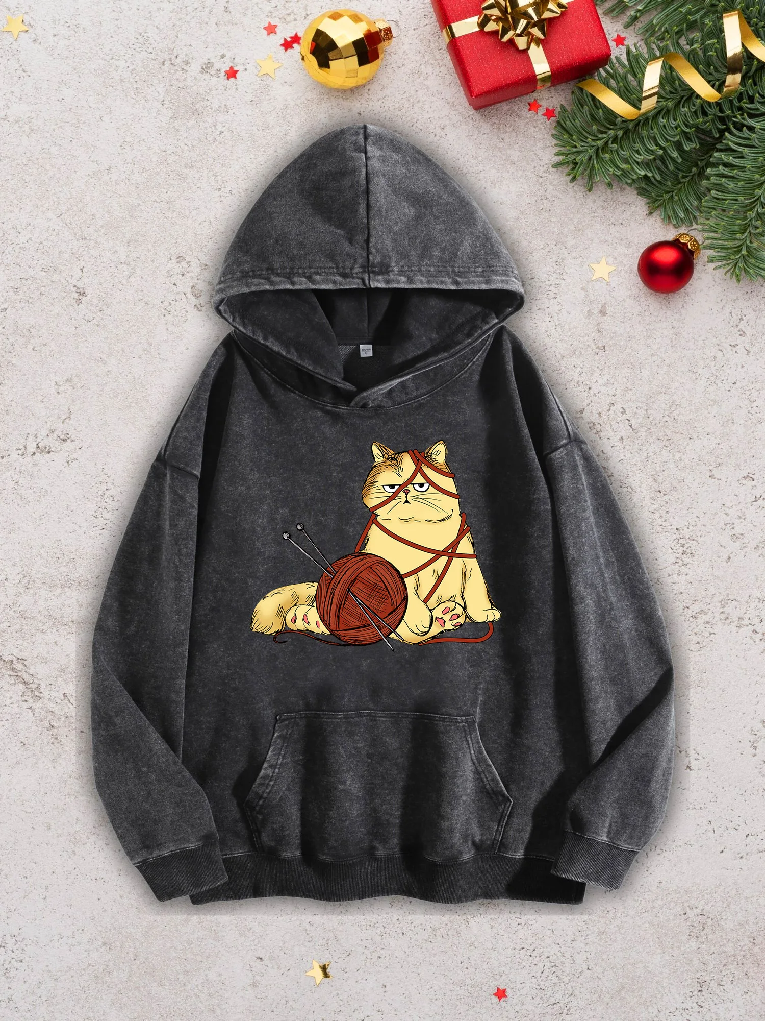 سترة بقلنسوة ثقيلة الوزن للرجال من Knitting Cat - بلوفر أسود على طراز الشارع القديم، سترة خريف وشتاء 400Gsm