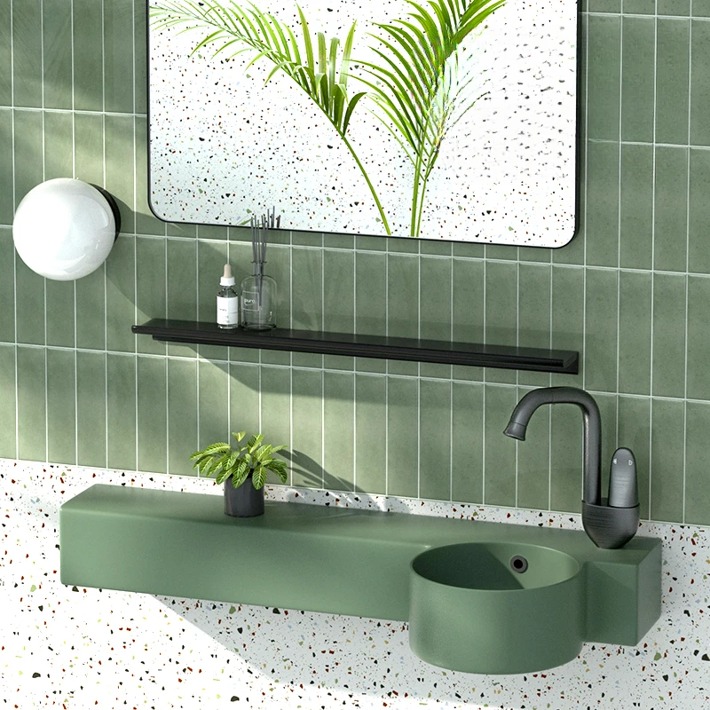 Personalized ceramic wall-mounted washbasin green bracket wall-mounted basin wall-mounted small apartment mini basin