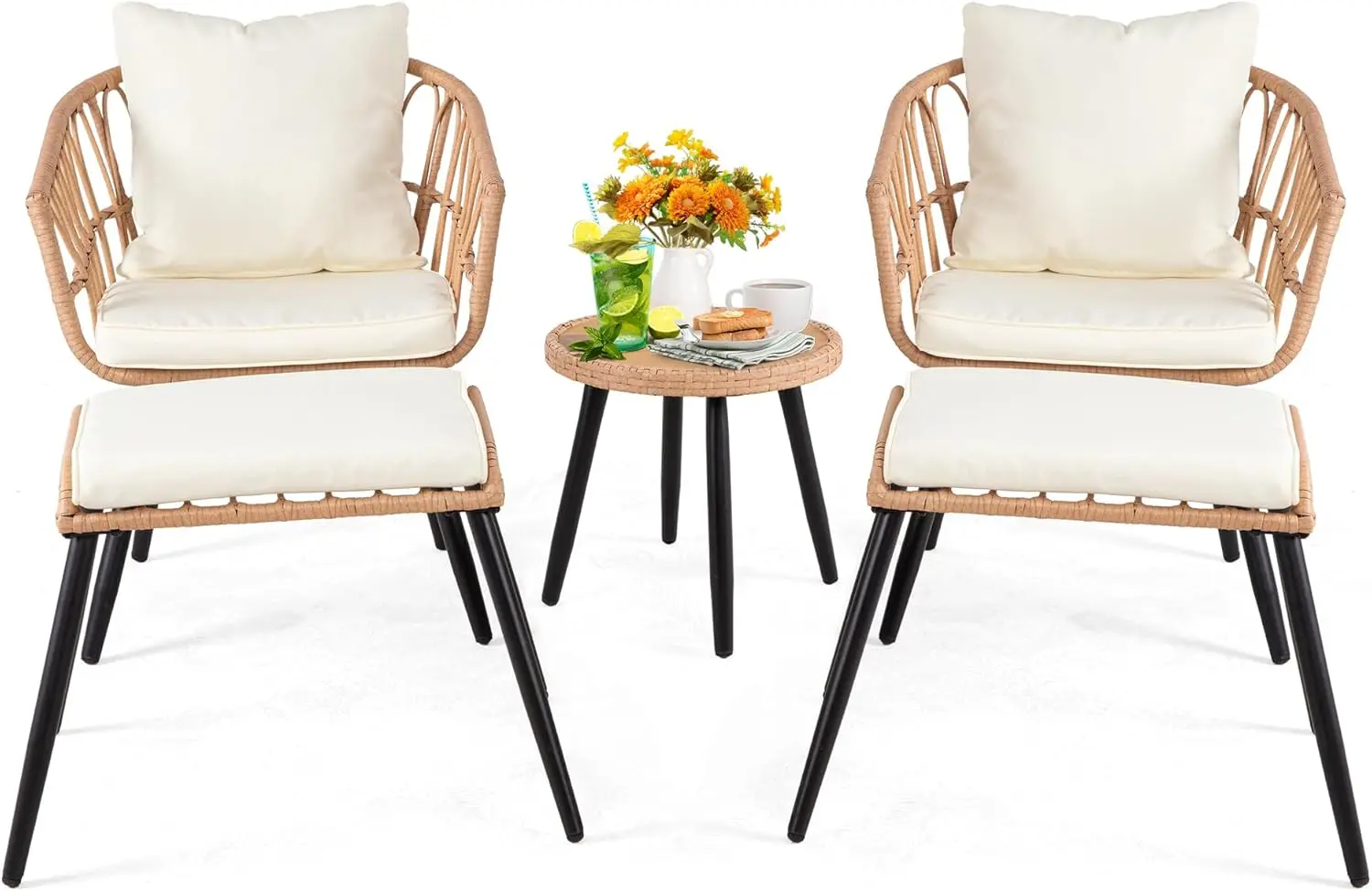 

5 Piece Outdoor Wicker Bistro Set, All-Weather PE Rattan Chairs w/Ottoman Coffee Table for Balcony Porch Deck (Yellow/Beige)