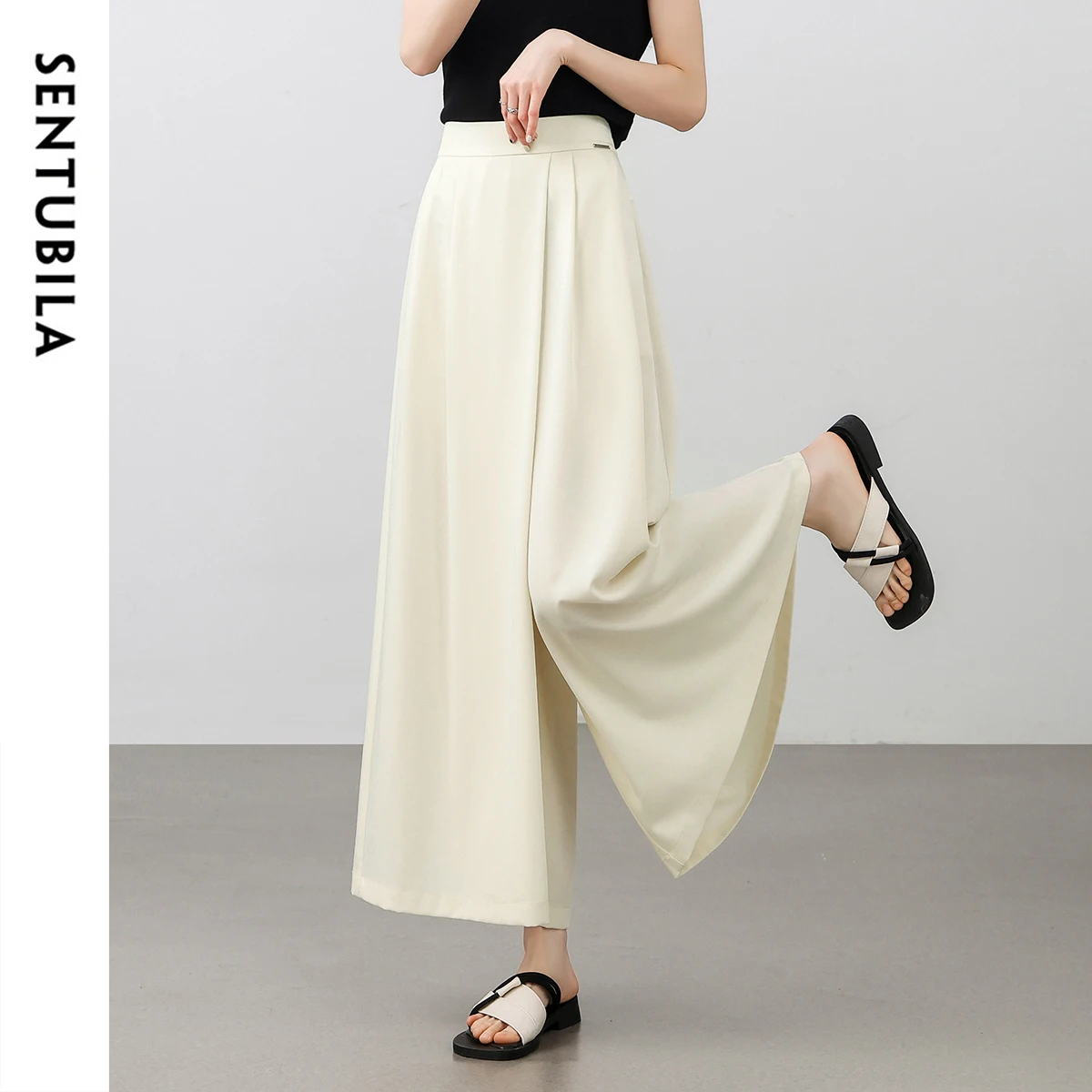 SENTUBILA A-line Pants Skirts Women 2025 New Casual Wide Ankle-length Elastice High-waist Folds Ladies Trousers 152K59347