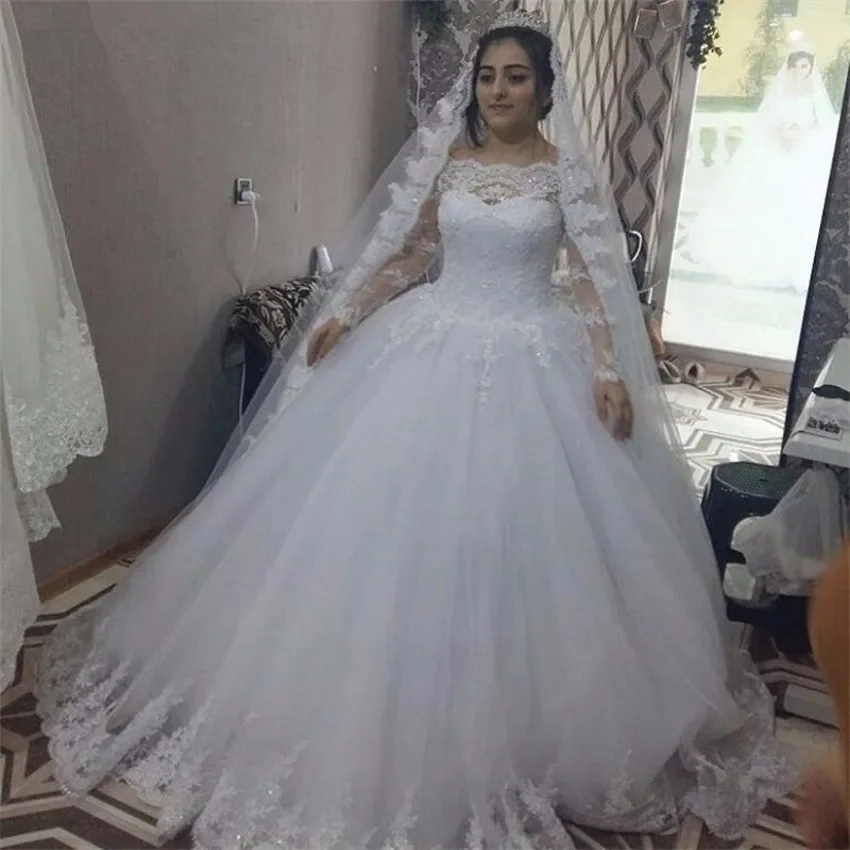 

Flavinke Customized Boat Neck Lace Appliques Wedding Dresses Long Sleeves Fluffy Bridal Gowns robe de mariage Vestidos De Noiva