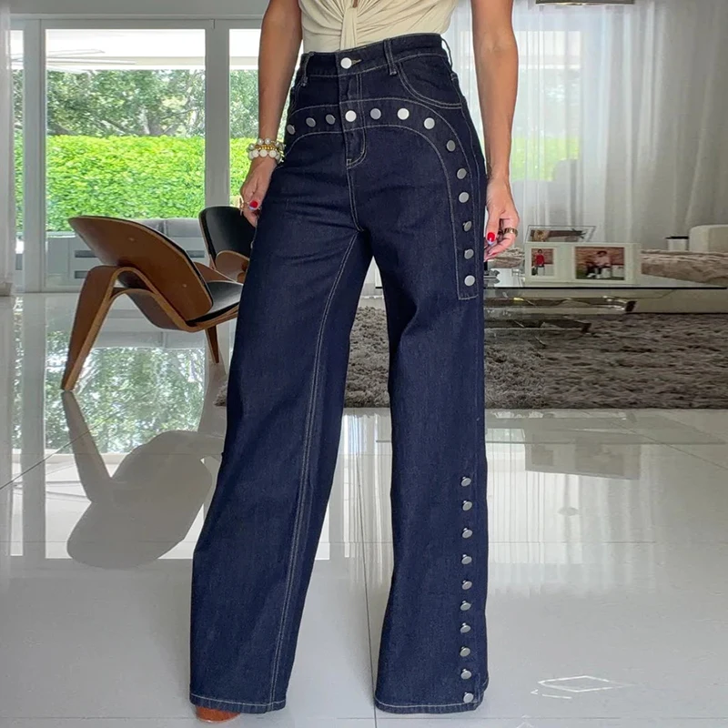 Loose Streetwear Cowboy Pants Women Solid High Waist Wide Leg Jeans Metal Rivet Decor Side Button Detail Straight Denim Trousers