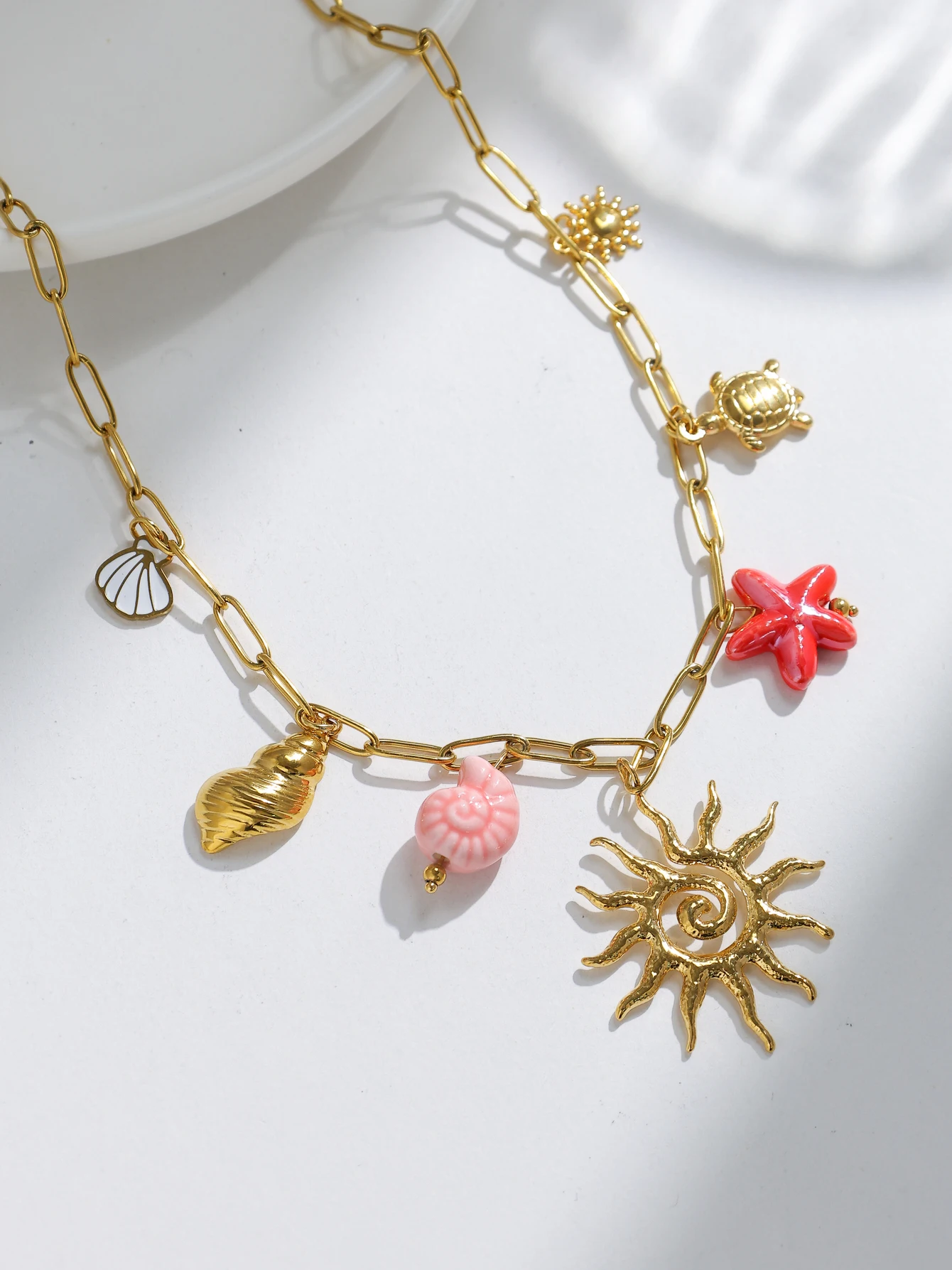 Vintage stainless steel handmade shell ceramic turtle sun starfish pendant necklace women\'s personality creative necklace