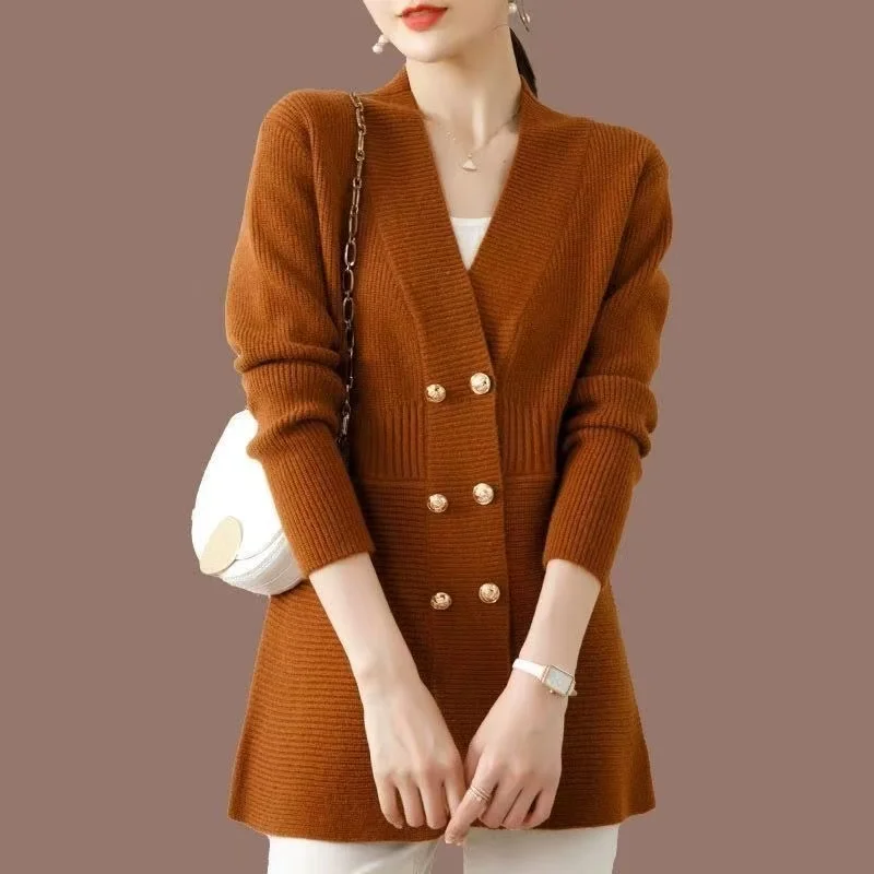 

2026 Autumn Winter V-neck Loose Women's Knitting Cardigan Sweater Jacket Medium To Long Korean Version Ladies Sweater Coat