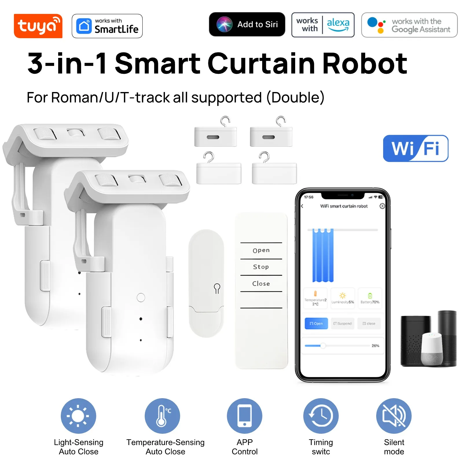 Tuya Smart Curtain Robot Curtain Motor 3-in-1 Wi-Fi APP Remote control Timed switch,Pull-to-start For Rod&TU Track-Double+Remote